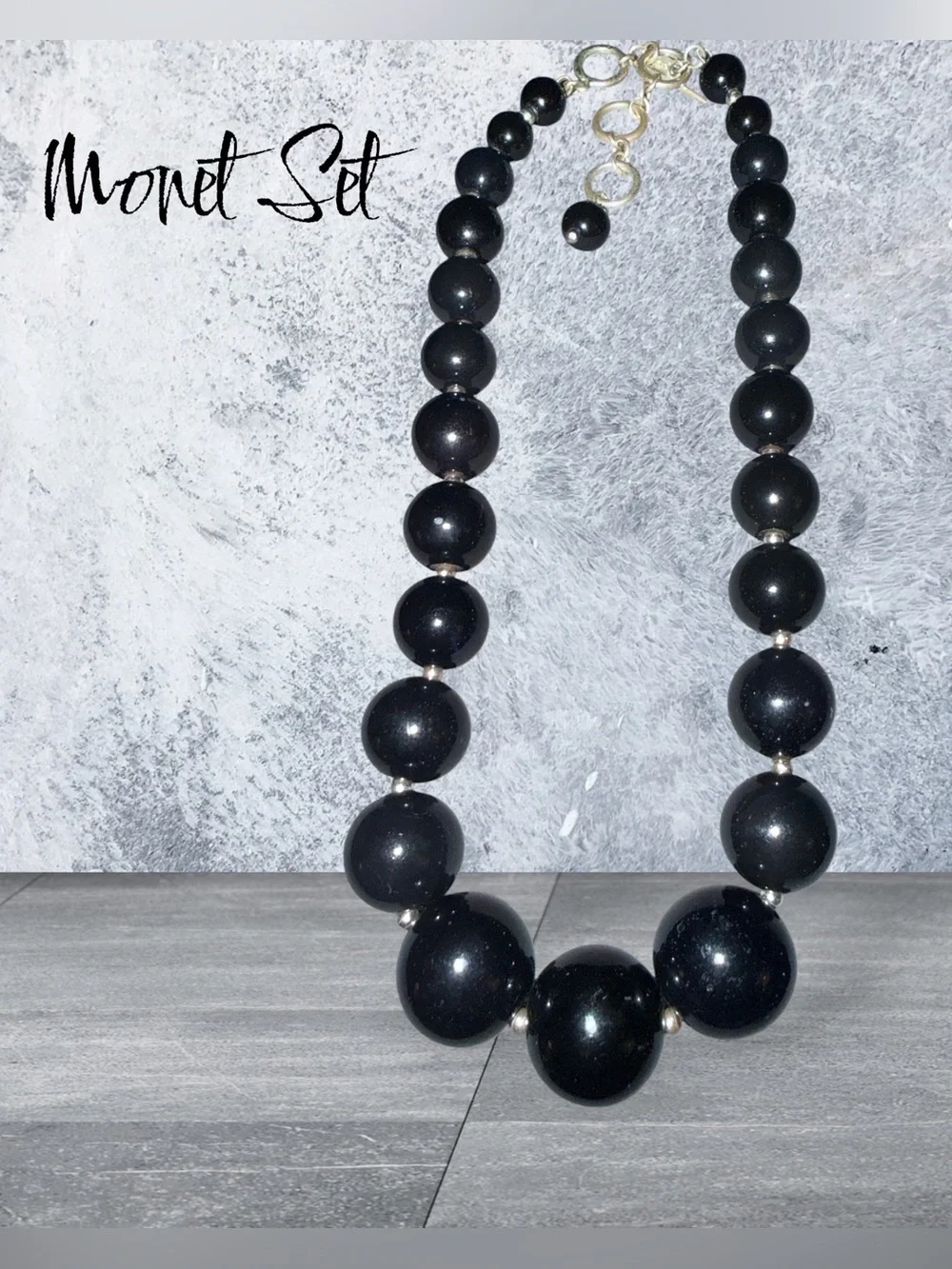Vintage Monet Black Bead Necklace & Bracelet Set | Graduated Beads